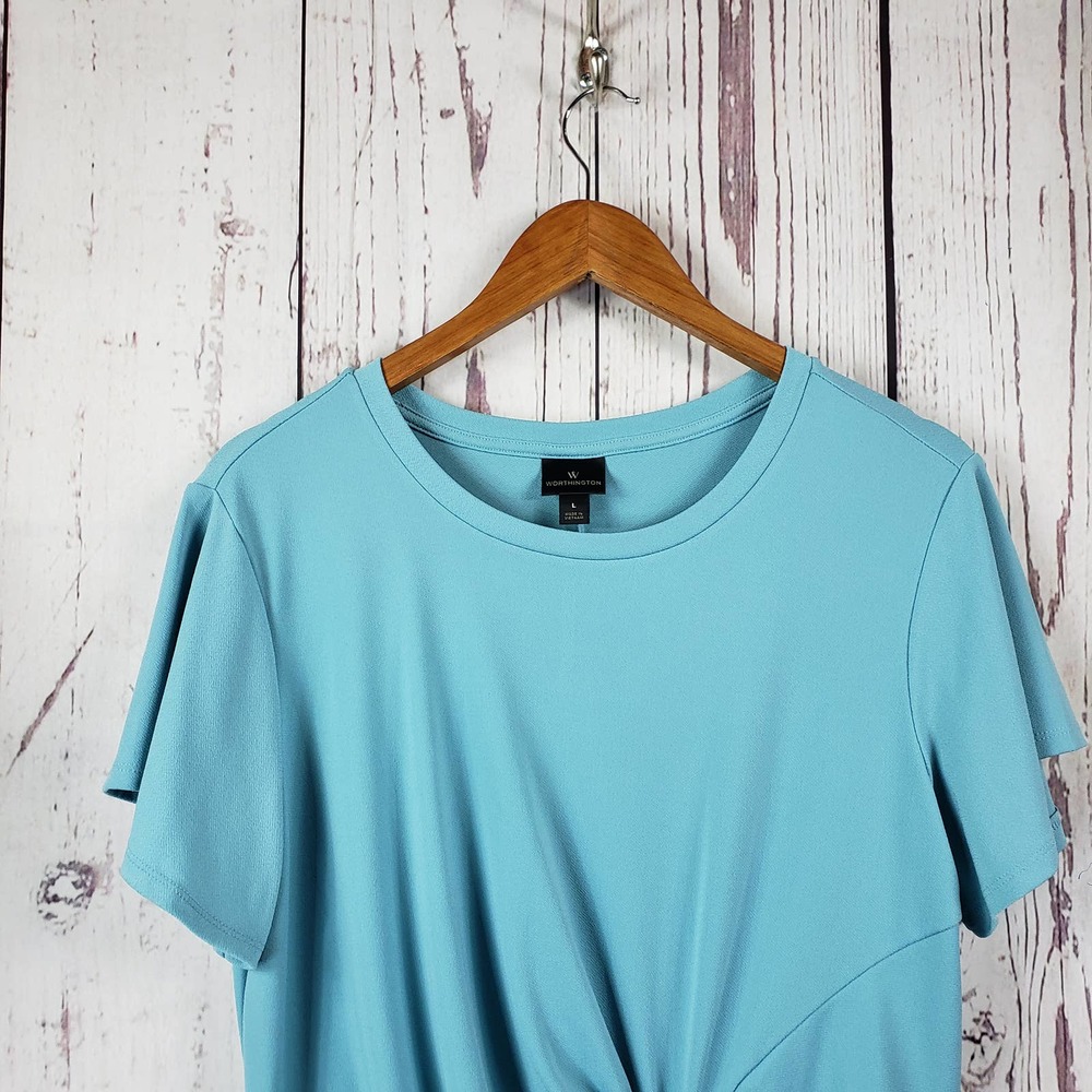 Worthington Tie Knot Blouse Womens Size Large Short Sleeve Stretch Blue